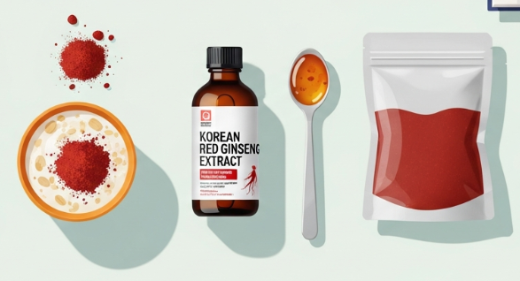 Various forms of Korean Red Ginseng including extracts, powders, and tonics on a wooden background.