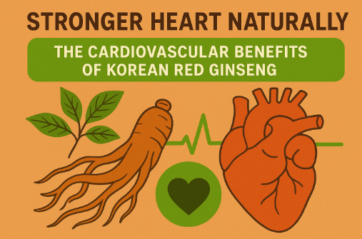Korean Red Ginseng roots and heart symbol representing cardiovascular health and improved circulation