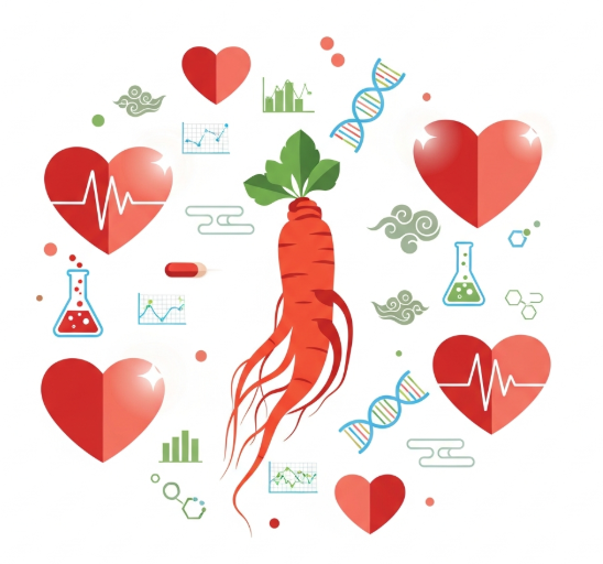 Premium Korean Red Ginseng roots placed beside a symbolic heart, representing natural cardiovascular support.