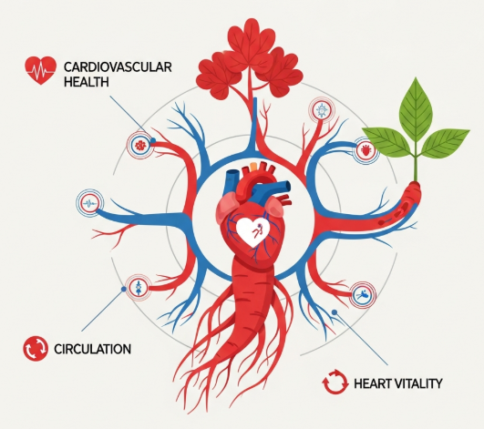 Premium Korean Red Ginseng roots placed beside a symbolic heart model, representing natural cardiovascular support.
