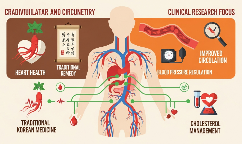 Korean Red Ginseng roots beside a heart symbol illustrating natural cardiovascular support