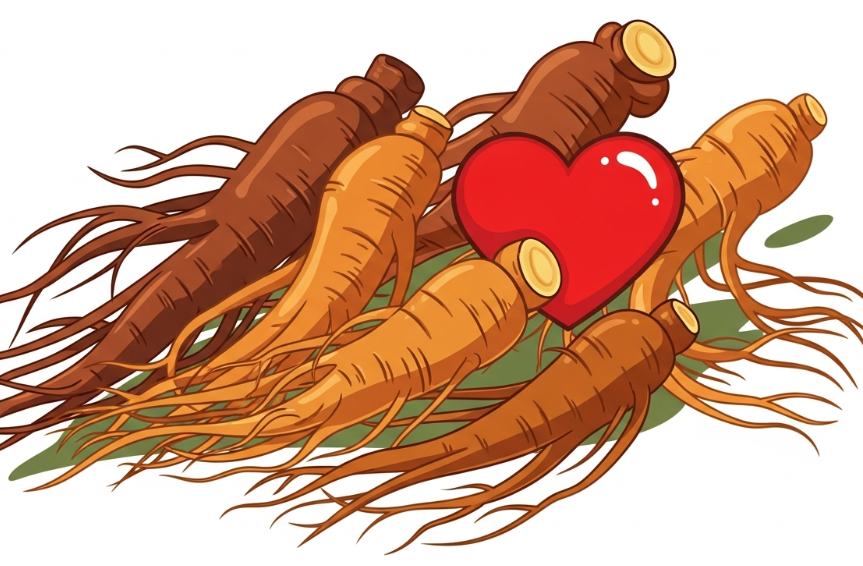 Korean Red Ginseng roots and a red heart symbol representing natural cardiovascular and heart health support
