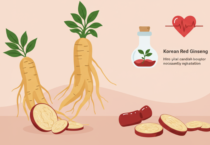 Korean Red Ginseng roots and tea beside a heart-shaped herbal dish symbolizing natural cardiovascular health