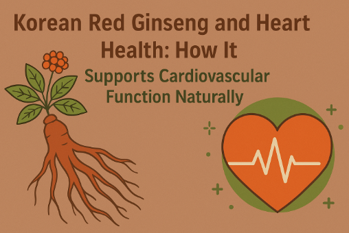 Korean Red Ginseng roots with a heart symbol representing cardiovascular health benefits
