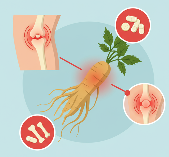 Korean Red Ginseng roots and tea symbolizing natural inflammation and pain relief
