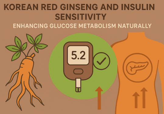 Korean Red Ginseng roots and molecular insulin icons representing improved glucose metabolism