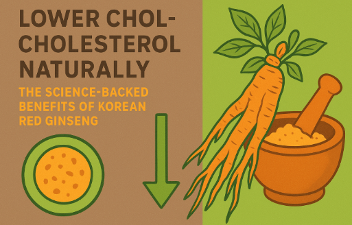 Korean Red Ginseng roots and heart symbol showing cholesterol balance and artery health