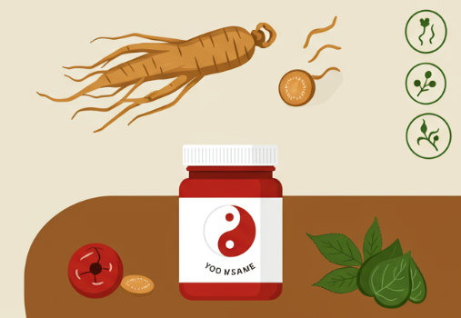 Korean Red Ginseng roots and calm woman representing natural hormonal balance and vitality during menopause