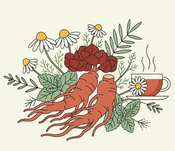 Korean Red Ginseng root and tea symbolizing respiratory health and lung recovery