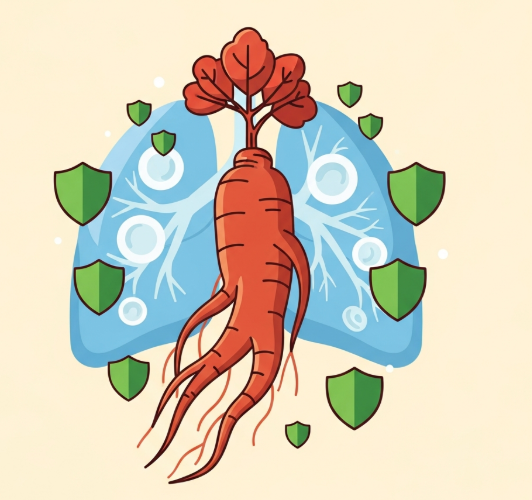 Korean Red Ginseng roots with lung illustration representing respiratory immunity and natural defense.