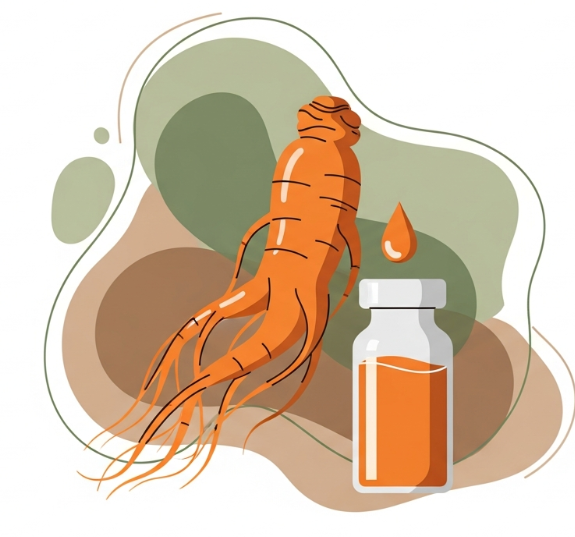 Korean Red Ginseng root and extract representing natural stress relief and hormonal balance