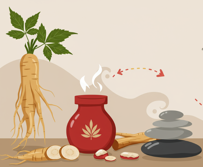 A serene setup with Korean Red Ginseng tea and roots symbolizing stress relief and emotional balance