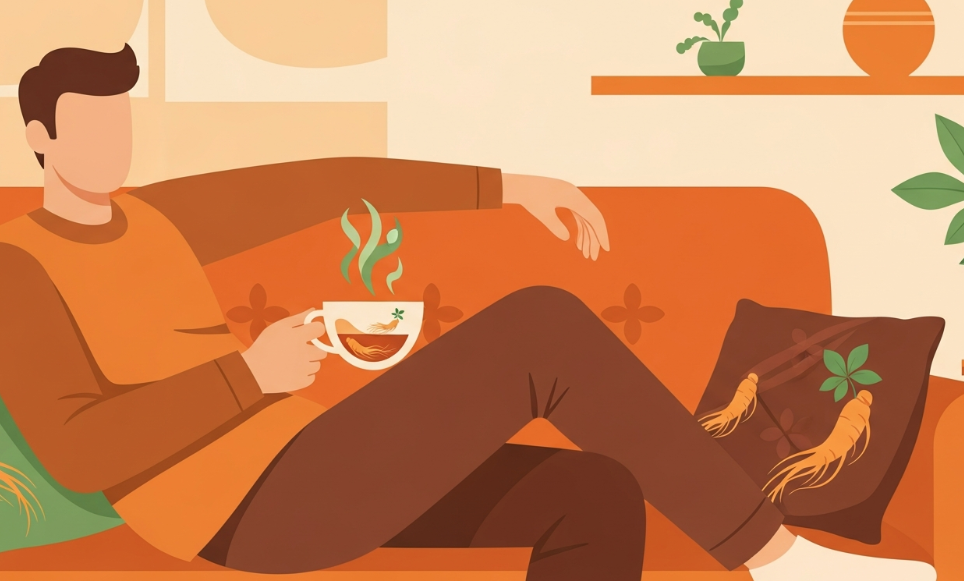 A calm woman drinking Korean Red Ginseng tea, symbolizing reduced anxiety and balanced cortisol.