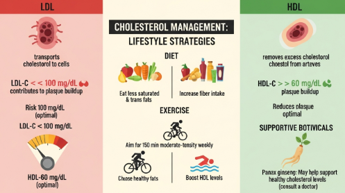 Infographic comparing LDL (bad) and HDL (good) cholesterol: roles, ideal ranges, and ways to improve levels