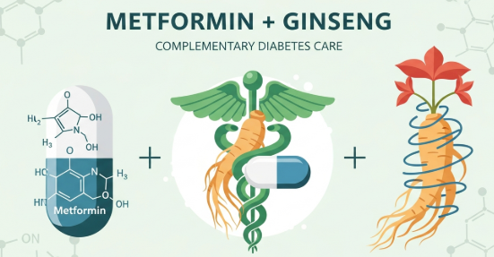 Illustration showing Metformin tablets and Korean ginseng for diabetes management