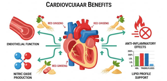 Red ginseng supporting cardiovascular function, heart health, and circulation