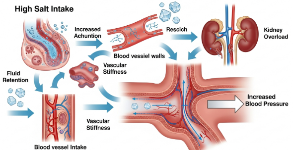 High salt intake contributing to elevated blood pressure levels