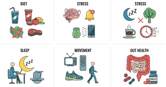 Illustration explaining chronic inflammation and lifestyle habits affecting adults aged 25–45.