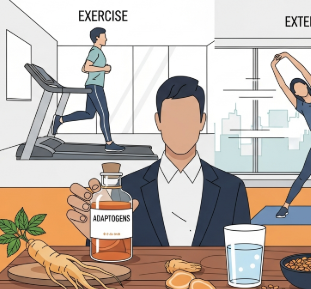 Executive practicing stress management techniques with Korean ginseng support