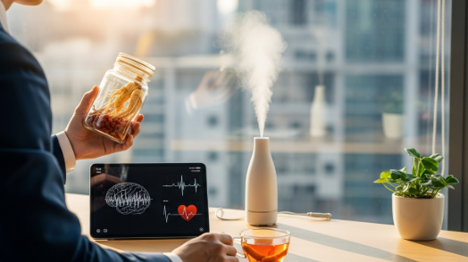 executive practicing stress management techniques with Korean ginseng supplements on desk