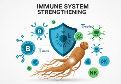 Panax ginseng roots and immune system illustration showing immune-boosting benefits