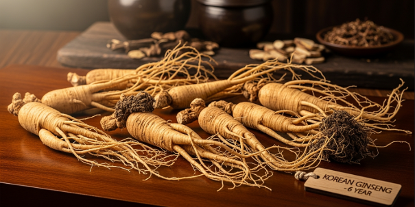 Premium six-year Korean ginseng roots harvested for luxury wellness products