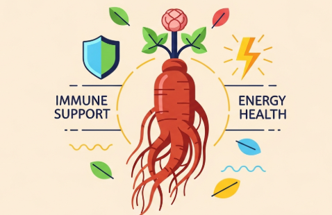 illustration showing Korean red ginseng root supporting immune and energy health
