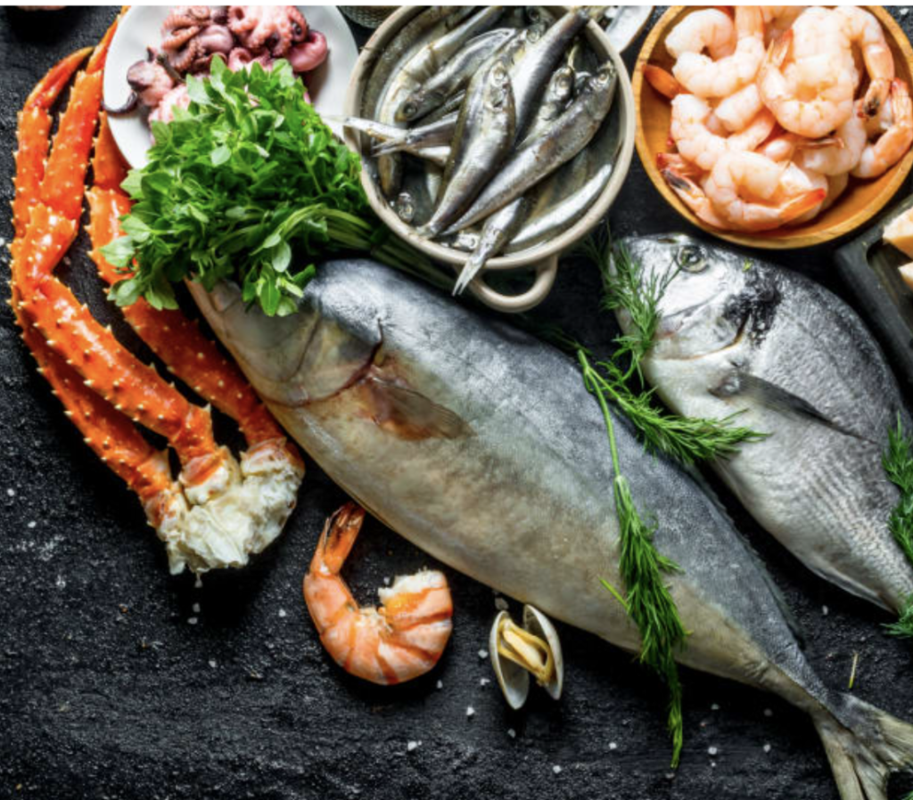 fish-and-seafood-animal-protein-sources Fish and seafood including salmon, sardines, shrimp, and tuna