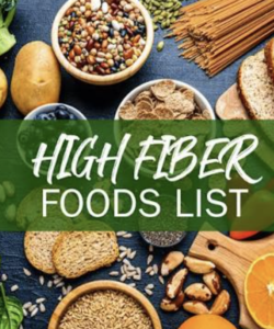Fiber-rich foods including beans, oats, vegetables, fruits, nuts, and seeds