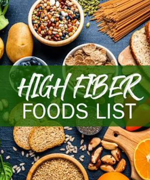 Fiber-rich foods including beans, oats, vegetables, fruits, nuts, and seeds