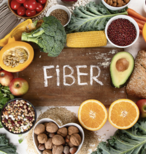 High-fiber foods including beans, berries, vegetables, oats, nuts, and seeds