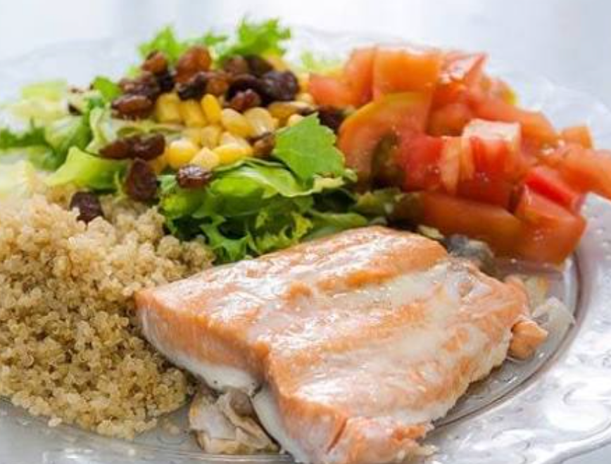 Plate with vegetables, whole grains, beans, seafood, and healthy fats